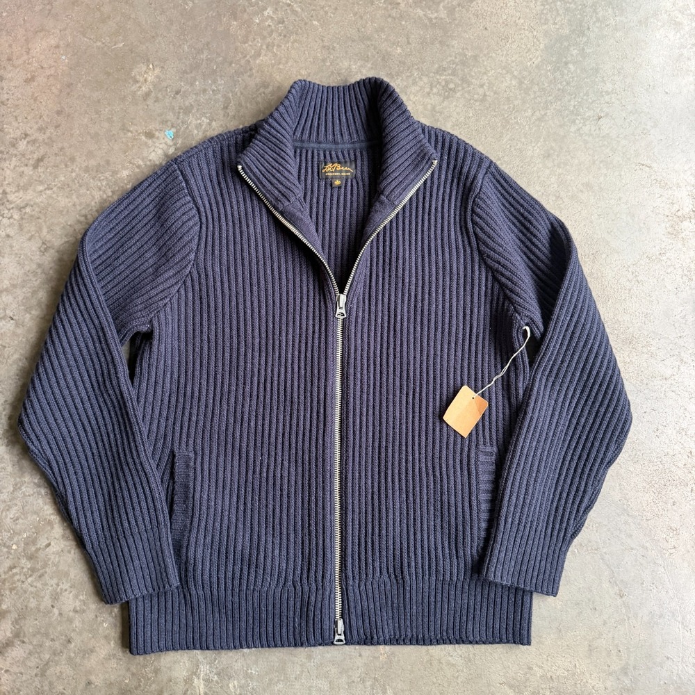 LL Bean Signature Ribbed Full Zip Jacket Sweater Wool Navy Blue Outdoors Mens L